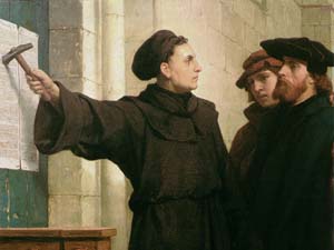 Artist Ferdinand Pauwels’ 1872 piece, “Luther Posting the 95 Theses,” depicting Martin Luther’s act in 1517. Image courtesy of Wikimedia Commons
